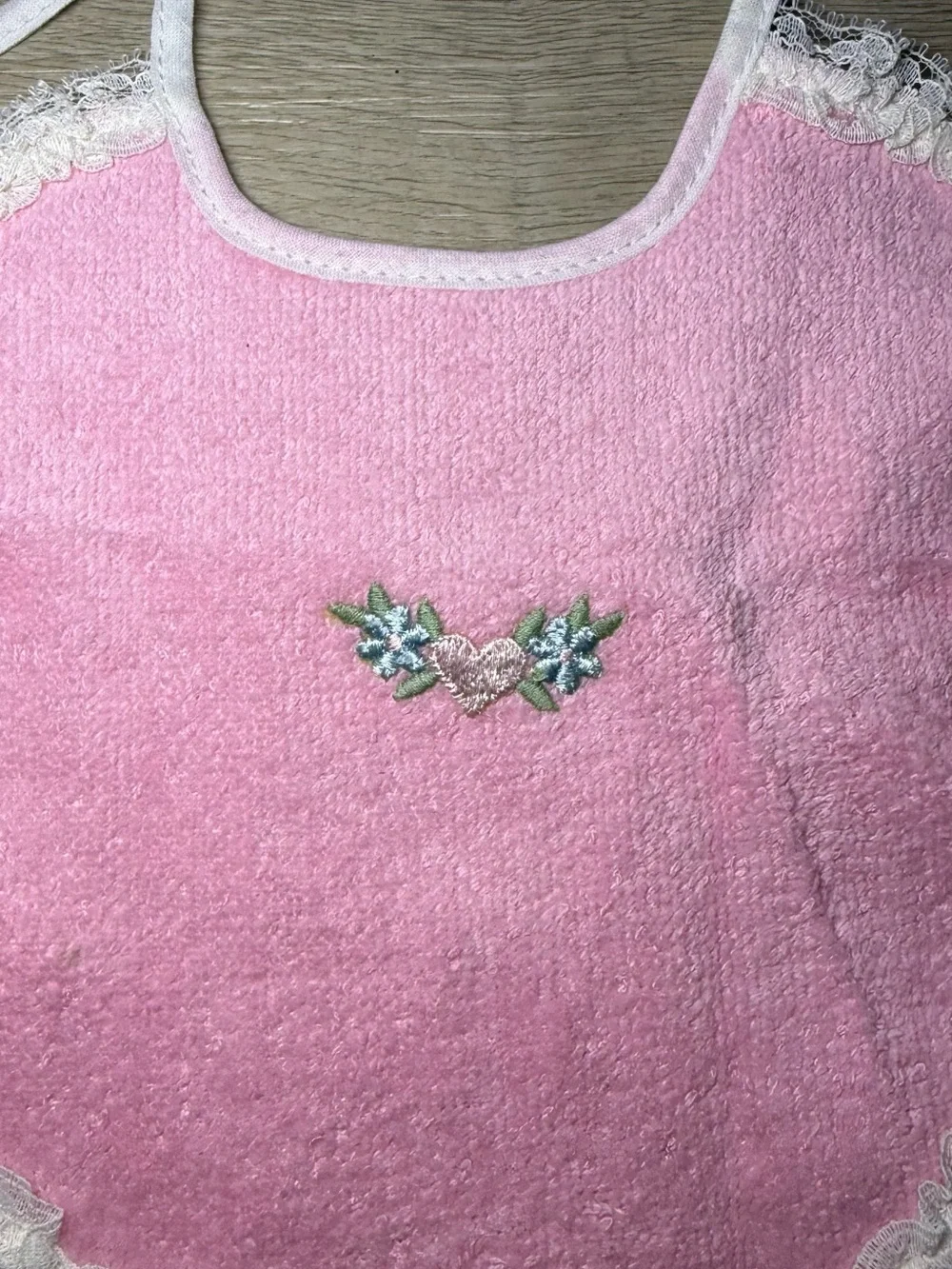 Vintage 1970s Ribbed Pink & Embroidered Rose Floral Baby Bib